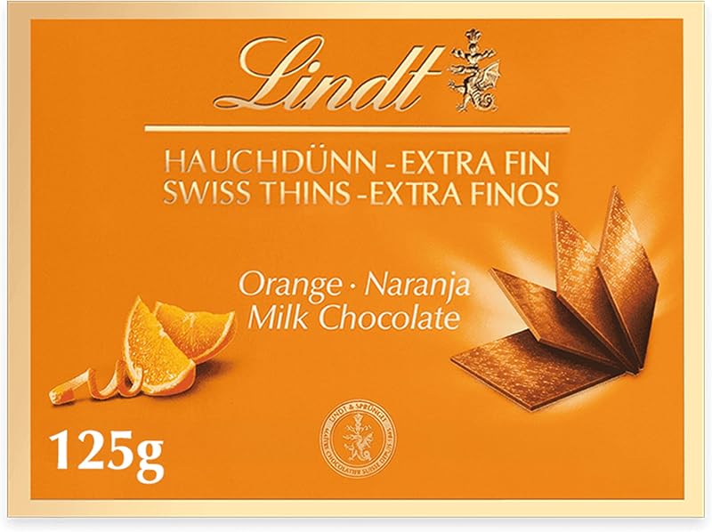 Swiss Thins Chocolate de leite e laranja, folhas de chocolate extra finas, chocolate negro fino, 125G
