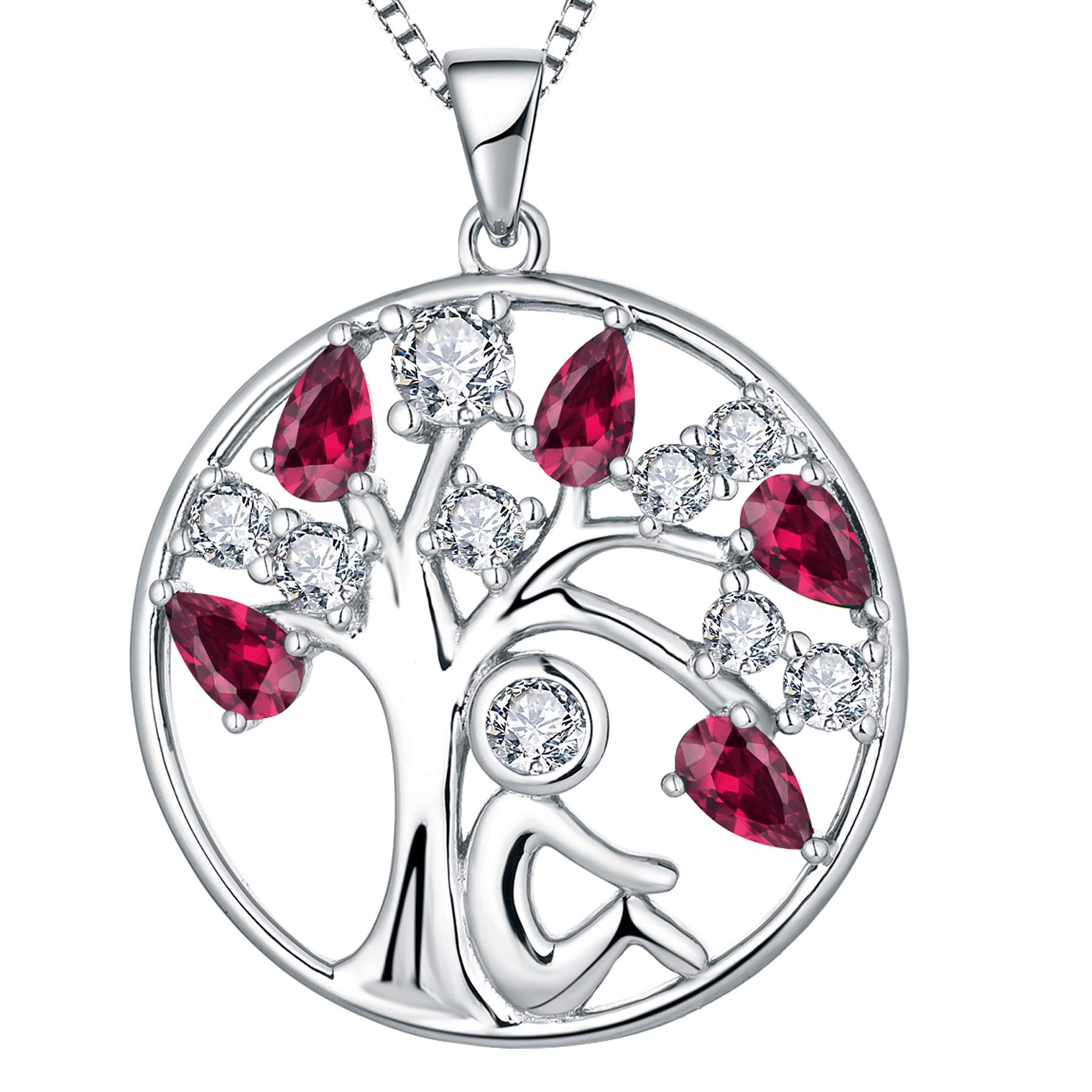 YL Tree of Life Necklace 925 Sterling Silver cut July Birthstone Ruby Family Tree Girl Pendant Necklace for Women,45+5CM