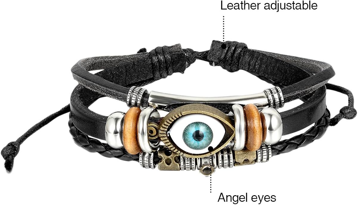 Oidea 2pcs Mes Womens Good Luck Blue Evil Eye Cuff Bangle Bracelet,Black,Brown,Size Adjustable 8.1 to 9Inch - Image 3