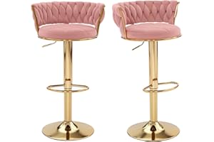 VECELO Bar Stools Set of 2, Adjustable Barstools Counter Height Stools with Back and Arm, Velvet Woven Kitchen Island Stools w/Gold Metal Leg Base, 360° Swivel Bar Chair, Pink