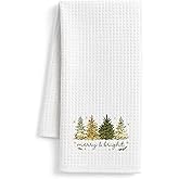 FISWAFY Gold Christmas Tree Kitchen Towels, Merry and Bright Xmas Tree Dish Tea Towels, Farmhouse Christmas Winter Holiday Decorative Hand Towel for Kitchen Bathroom Decor, 16x24 Inch