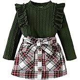 DOMOABEI Toddler Girl Fall Winter Clothes Cute Ruffled knitted Shirt Tops Plaid Pleated Mini Skirt Belt 3 Piece Outfit 2-6T