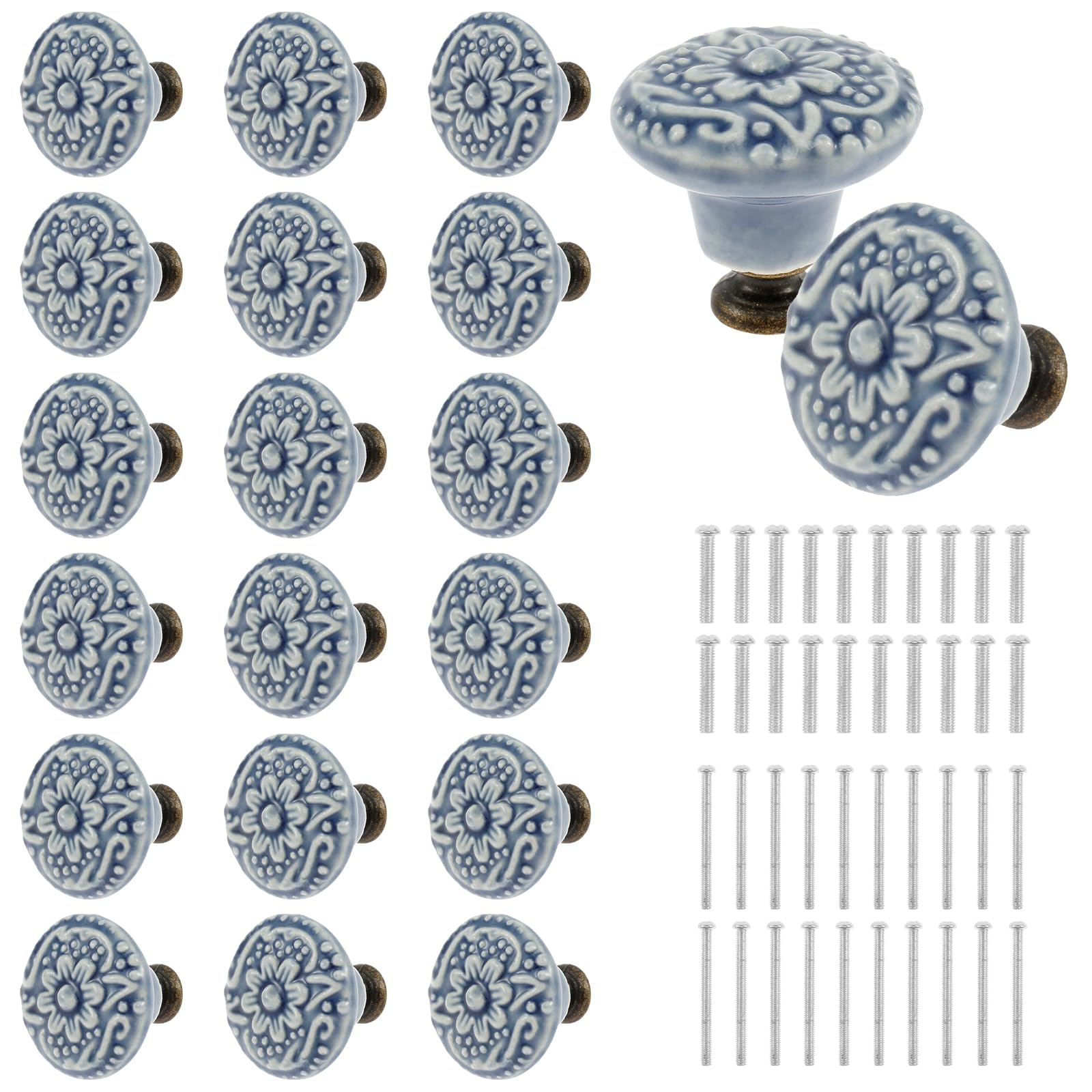 shaojian 20Pcs Ceramic Door Knobs Set Vintage Drawer Knobs Decorative Kitchen Cabinet Handles with Screws Round Antique Wardrobe Pulls Cupboard Handles for Closet, Cupboard, Furniture (Blue)