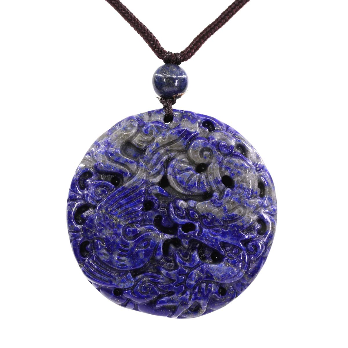 CHENYUE Natural Blue Lapis Lazuli Semi Precious Gemstone Dragon Phoenix Amulet Charm Pendant Necklace 24 Inch
