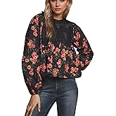 calbatic Women's Lace Mesh Floral Embroidery Blouse Long Puff Sleeve Dressy Babydoll Top Ruffle Hem Patchwork Shirt