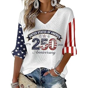 Women 250 Anniversary USA Shirt,4th of July 3/4 Sleeve V-Neck American Flag Tops,1776-2026 Patriotic Eagle Graphic T-Shirts