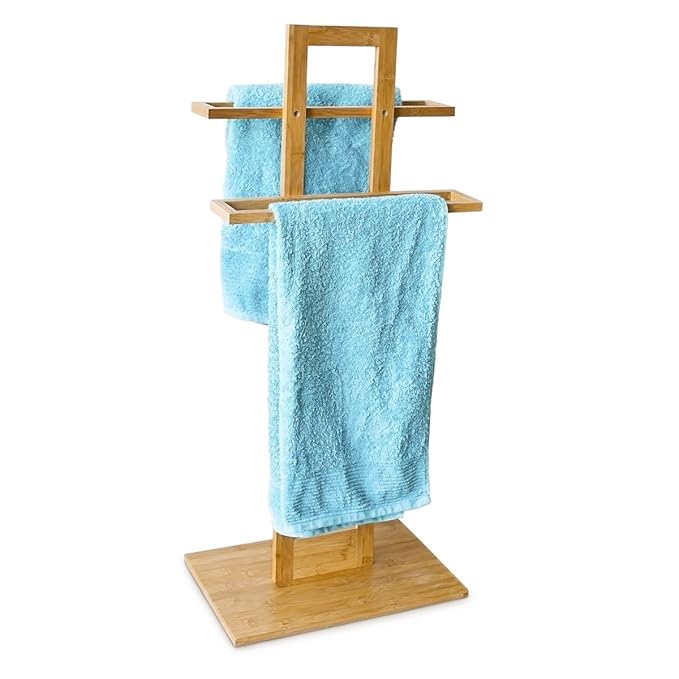 Relaxdays Handtuchständer Bambus mit 2 Handtuchstangen HBT 85 x 37 x 25 cm frei stehender Handtuchhalter in natürlicher Holz 