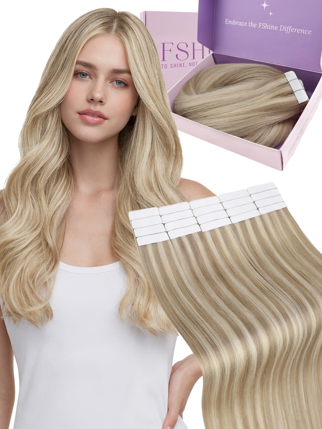 Fshine Tape in Hair Extensions Real Human Hair,12 Inch 20 pcs 30 g,Silky Straight Tape Hair Extensions,Color 18P613 Highlight Blonde,Perfectly for Parties and Weddings for Women — image 1
