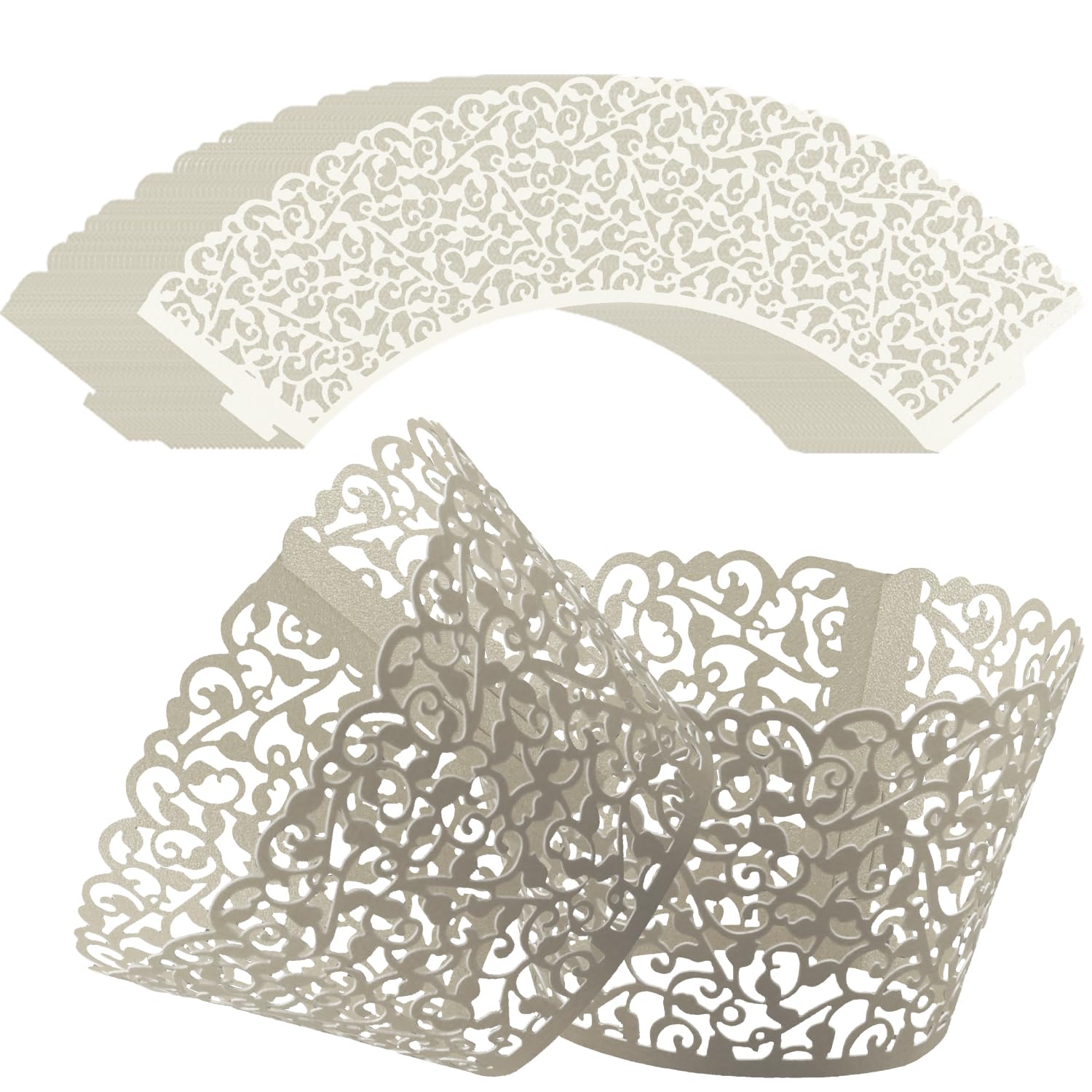 Vanyibro 50 pcs Pearl Lace Filigree Wedding Cupcake Wrapper,Elegant Baking Cake Cup Wraps for Special Occasions (White)
