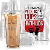 32 oz Plastic Cups with Lids (50 Pack) - Disposable Clear Cups for Iced Coffee, Boba, Milk Tea, Smoothies, and Fruit Shakes for Parties, Cafes, Restaurants