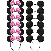 CHuangQi Mouse Ears Solid Black and Pink Bow Headband for Boys & Girls Birthday Party, Pack of 12