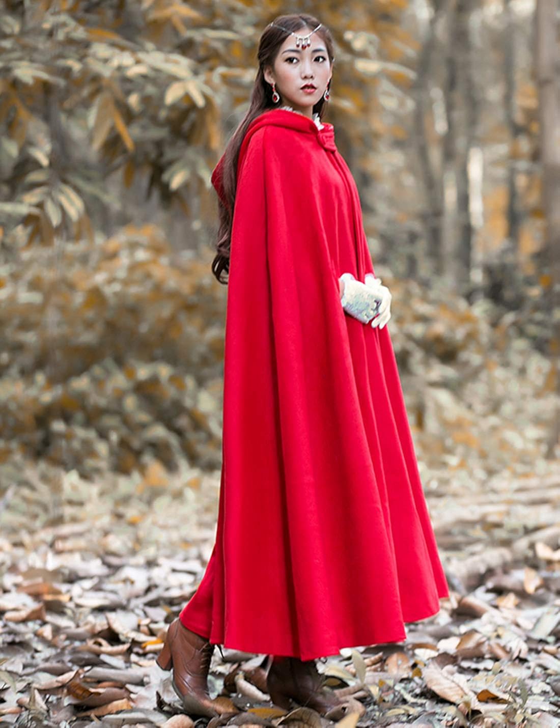 Gihuo Women's Wool Hooded Cape Solid Color Maxi Cloak Trench Coat (Black, One Size): Clothing