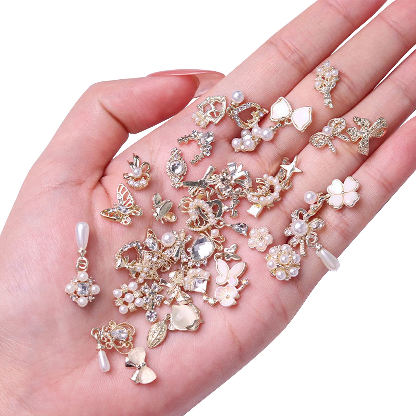 OTKARXUS Nail Art Hearts and Bows,50PCS Mixed 3D Gold Pearl Rhinestones Bowknot Luxury Dangle Nail Art Charms,Resin Nail Gems Nail Decorations for DIY Manicure Design Nail Art Jewelry Making