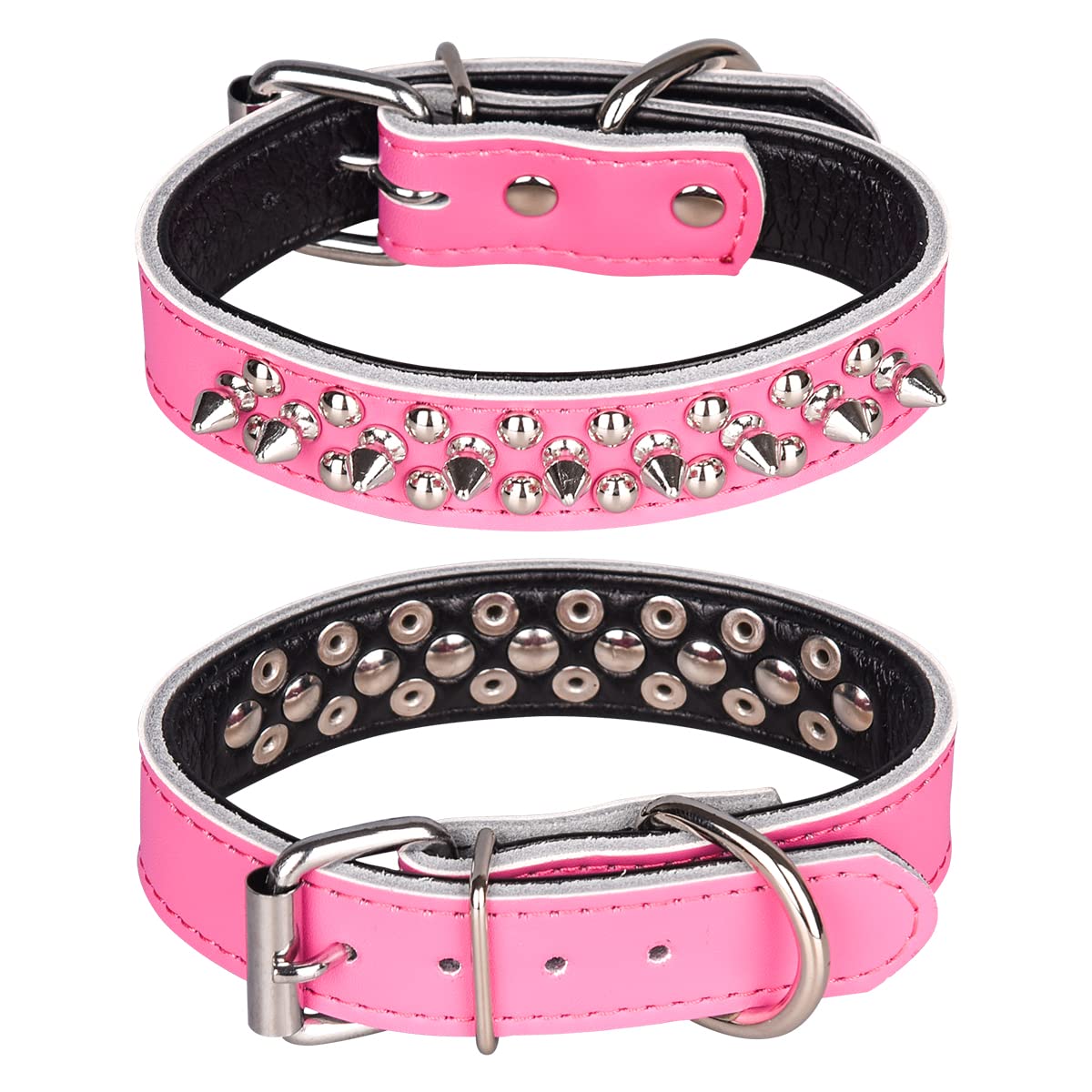 haoyueer Spiked Studded Dog Collar, Genuine Leather Dog Collar, Adjustable Pet Collars for Medium Large Bulldog Pitbull Mastiff Poodle Boxer (L, Hot Pink-2)
