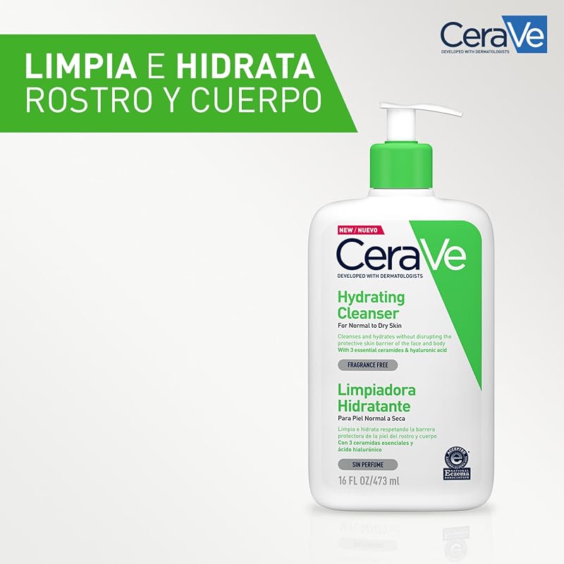CeraVe Gel de Limpeza Hidratante, Para Pele Normal a Seca, Limpa e Hidrata, Equilíbrio da Pele, Enriquecido com Ceramidas Essenciais e Ácido Hialurónico, Adequado para o Rosto e Corpo, 473ml