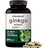 NatureBell Ginkgo Biloba 6,000mg with Panax Ginseng 500mg Per Serving | 300 Capsules – Max Strength Ginko Biloba Extract Supp