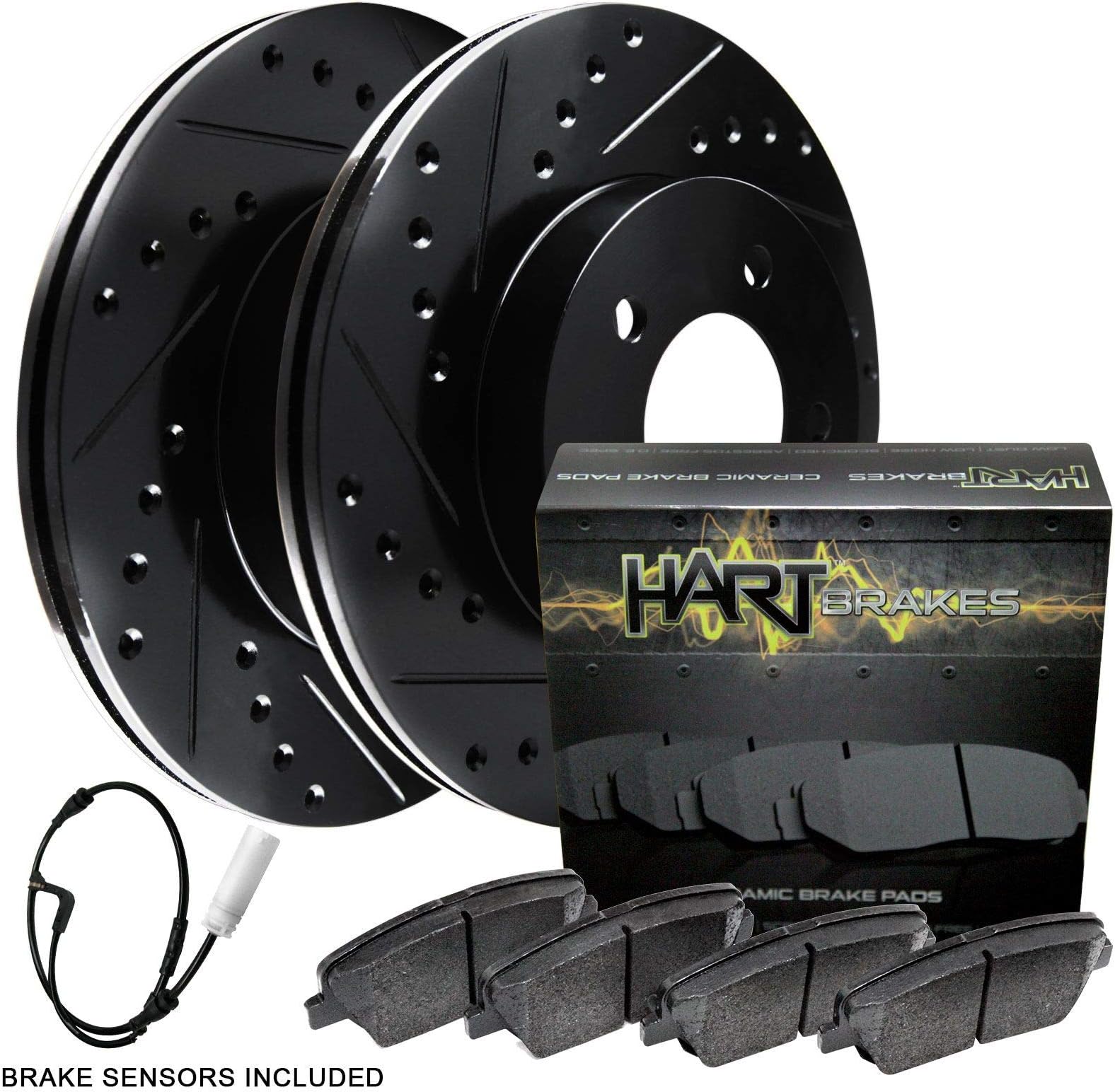Hart Brakes Rear Brake Rotors Black Drilled Slotted Ceramic Pads Compatible For 2001-2006 Lexus LS430 (BHCR.44116.02)