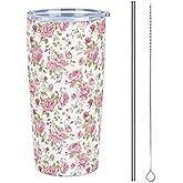 ZCSCBD Pink Rose Floral Travel Coffee Tumbler 20 oz, Flower Lover Insulated Mug with Lid, Stainless Steel Cup for Outdoor Hot Cold Drinks