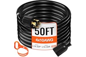 VEVOR 50 FT 30 Amp Generator Extension Cord SJTW 10 AWG 4 Prong, NEMA L14-30P 125/250V Heavy Duty Generator Power Cord with Twist Lock Connector