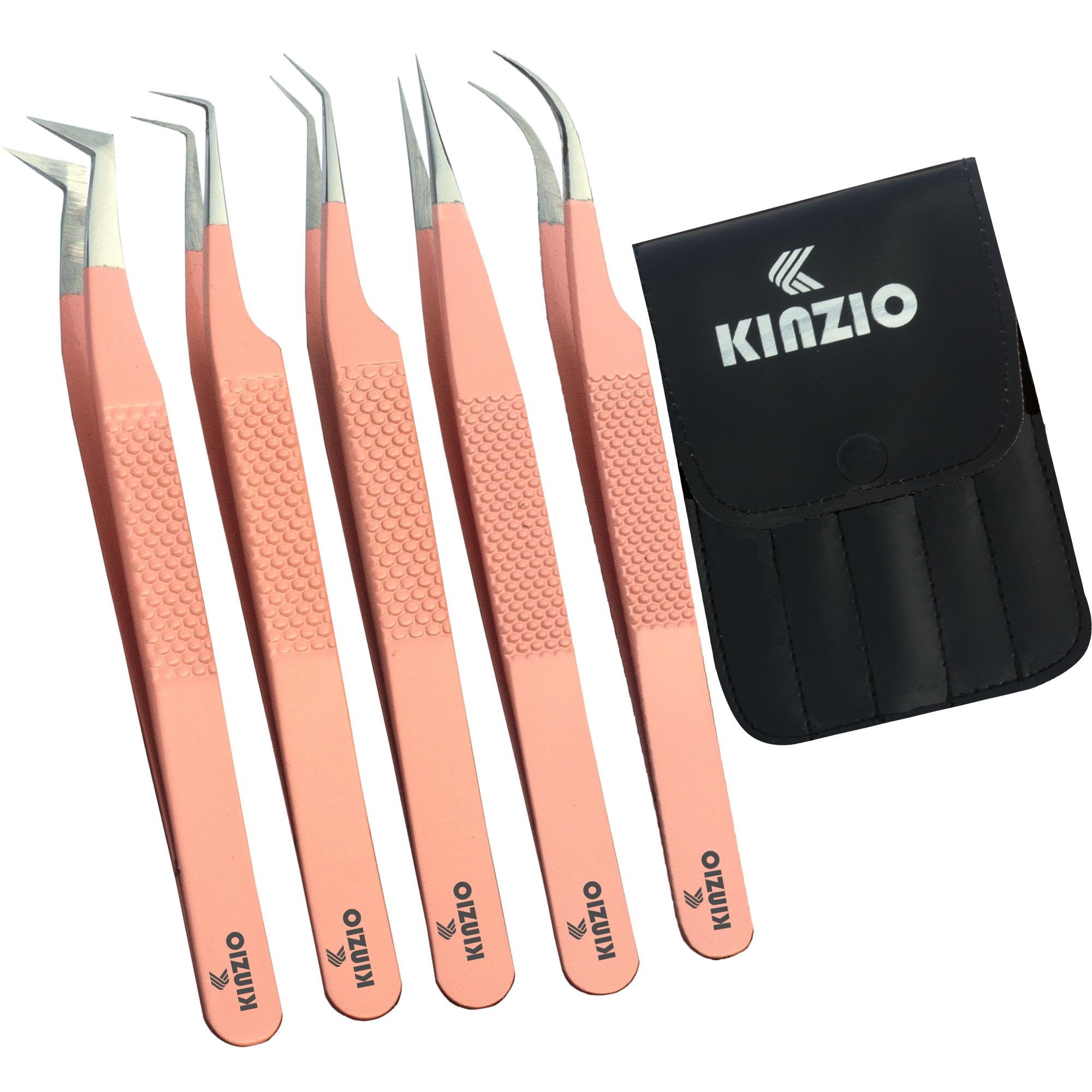 KINZO Lash Tweezers for Eyelash Extensions Tweezers Set of 5, Japanese Stainless Steel, Straight Curved 45 90 Degree Volume Eyelash Tweezers (5 pcs Set, Pink)