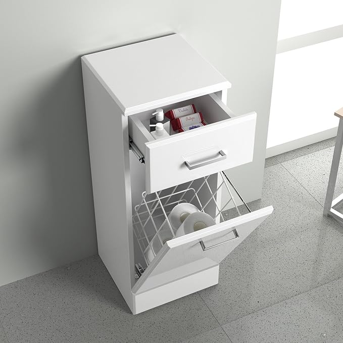 300mm White Gloss Bathroom Laundry Basket Cupboard Drawer Storage