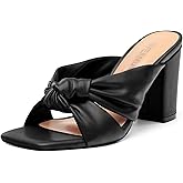 WEANDWEI Women's High Heeled Square Toe Slip On Sandals, Puffy Knot Chunky Heel Open Toe Sandals for women, Summer Party Prom Shoes