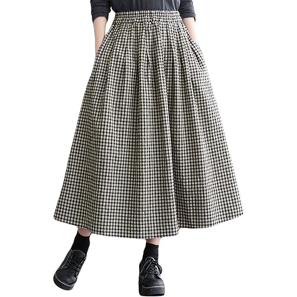 Tanming Women's Winter Wool Plaid Long Skirt - Elastic Waist A-Line Pleated