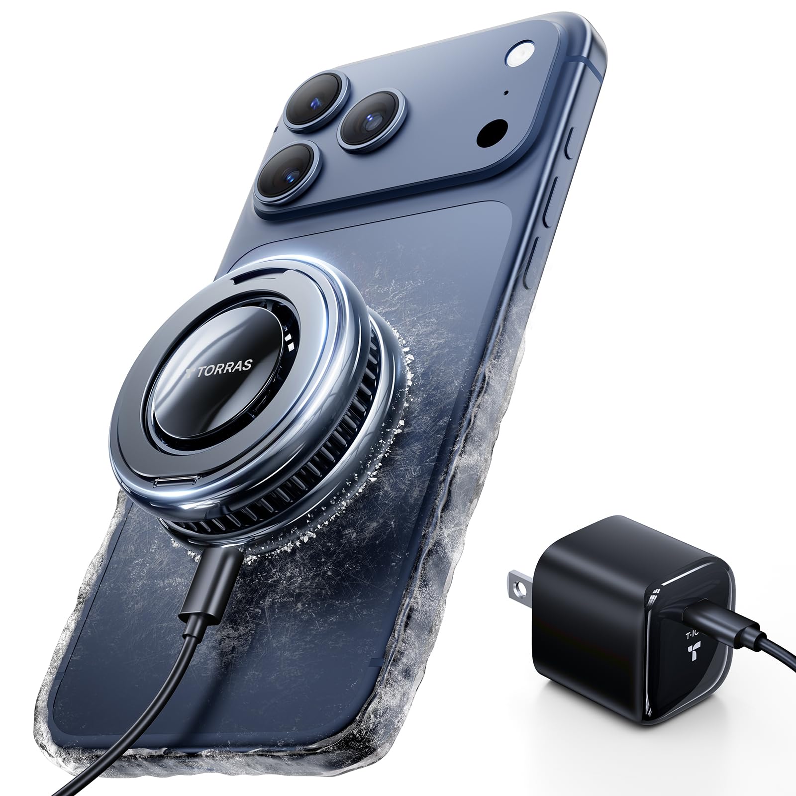 Photo 1 of TORRAS PolarCircle Qi2.2 Wireless Charger, 25W Cooling Magnetic Pad for Samsung Galaxy S26/S25, Wireless Charger for iPhone 17/16 with 360°Spin Stand, Semiconductor Phone Cooler, with 45W IceNano Plug