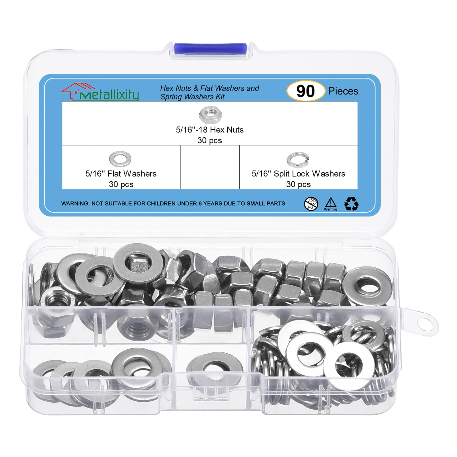 METALLIXITY Hex Nuts Assortment Kit (5/16"-18 Hex Nuts with 5/16" Flat Washers & Split Lock Washers) 90Pcs, 304 Stainless Steel Hexagon Nut Hardware Kit