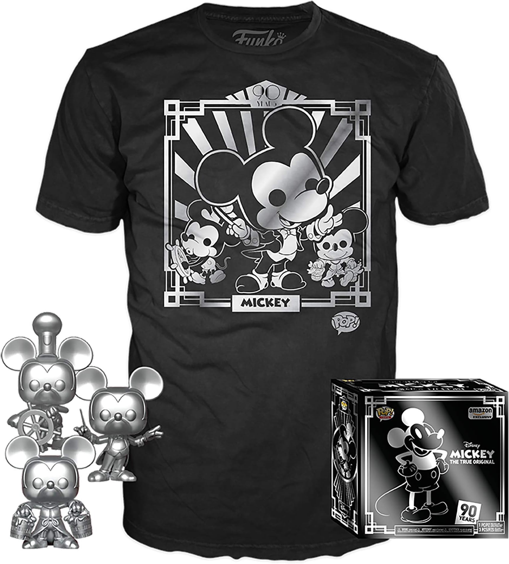 Funko Pop! 3 Pack & Tee: Disney - Mickey's 90th T-Shirt & Silver Steamboat Willie, Conductor, & Apprentice, XX-Large, Multicolor
