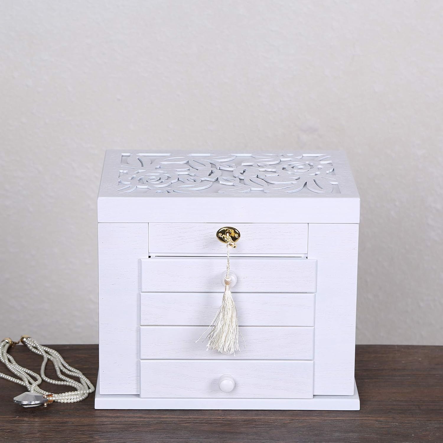 Changsuo Jewelry Box Organizer with Lock for Women Lockable Large Dresser Top Wooden Jewelry Storage Box (White): Home Improvement