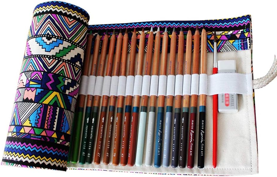 Eudola Ethnicity 36 Holes Pencil Case,Pen Holder Pouch Canvas Pencil Case Paint Brush Bag for Student(Without Pen)