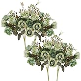 Neendohome 5 Stems 10 Heads Artificial Flowers Mini Roses with Leaf Bridal Bouquets for Wedding Centerpieces Indoor Home Table Decoration(4 Pack, Green)
