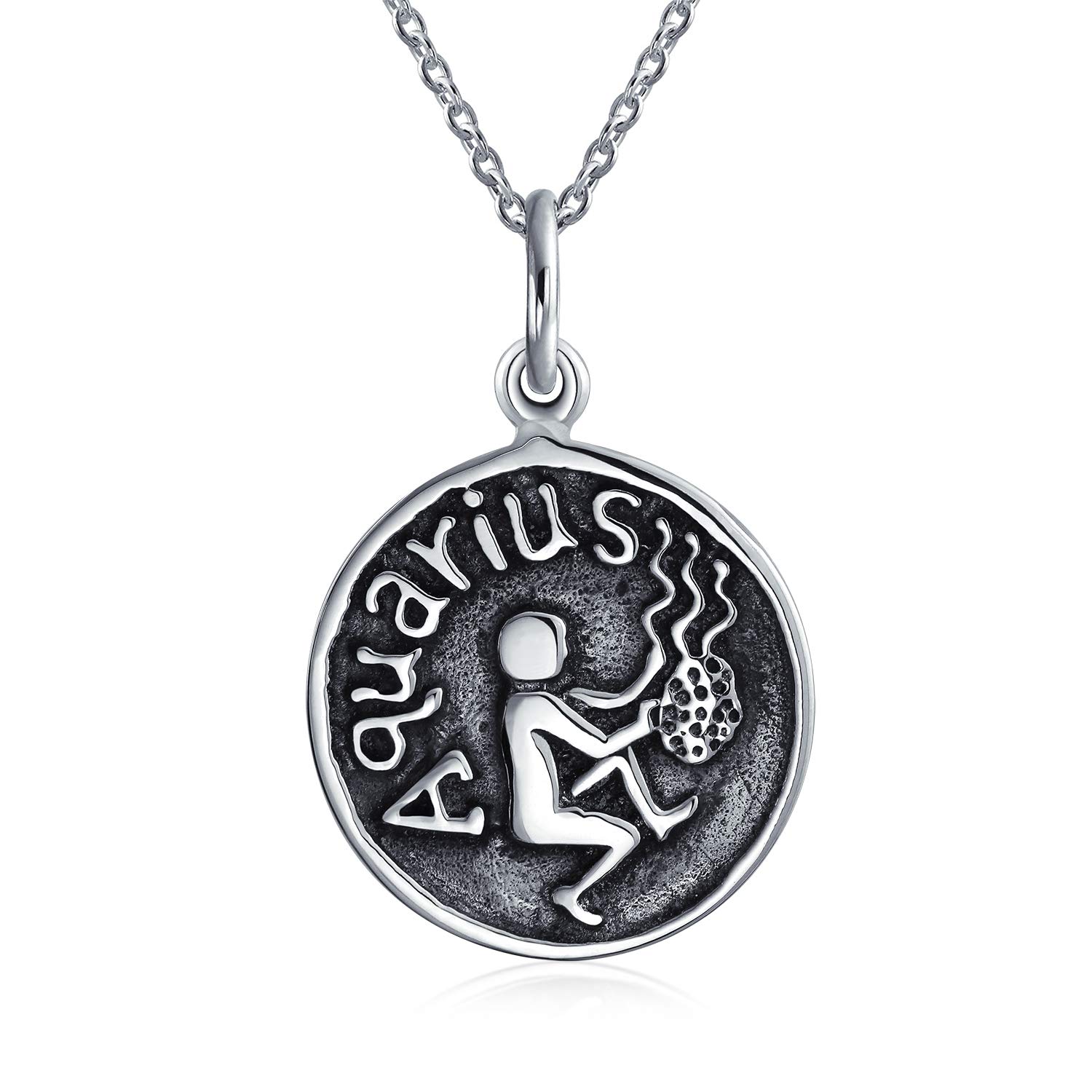 Bling Jewelry Aquarius Zodiac Sign Astrology Horoscope Round Medallion Pendant For Men Women Necklace Antiqued Sterling Silver โ image 1