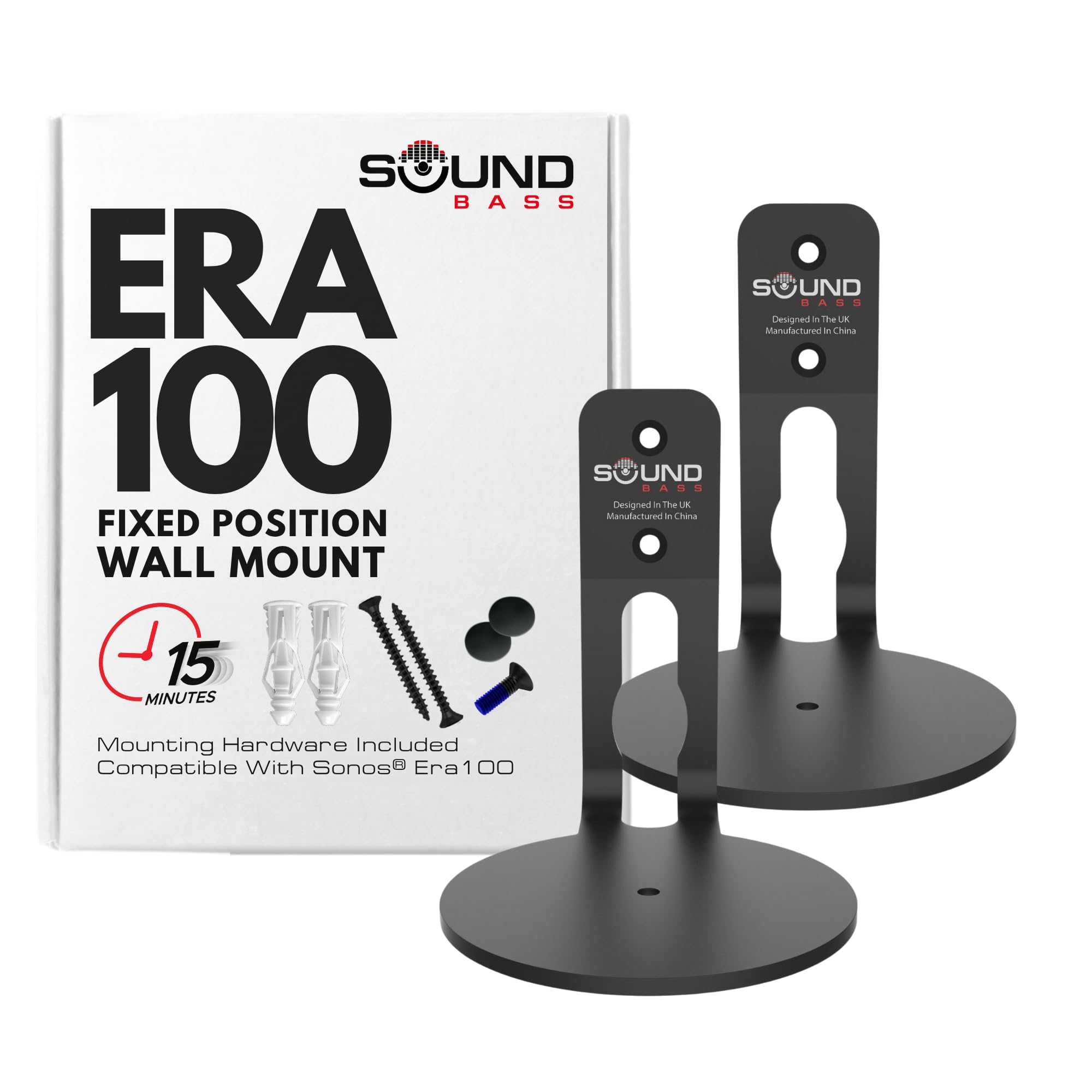 Photo 1 of Sound Bass ERA100 Wall Mount Bracket, Low Profile, Black, Twin Pack, Compatible with Sonos ERA 100 Speaker, Complete with All Fixing Hardware