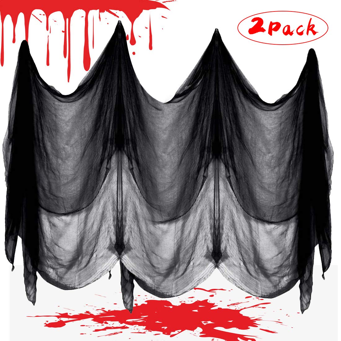 O-Kinee Black Creepy Cloth, Spooky Halloween Decorations, 2 Pieces Spooky Cheesecloth, Hanging Ghost Scary Witch Curtain for Haunted Houses Party Room Doorways Outdoors, Black, 150 x 300 cm