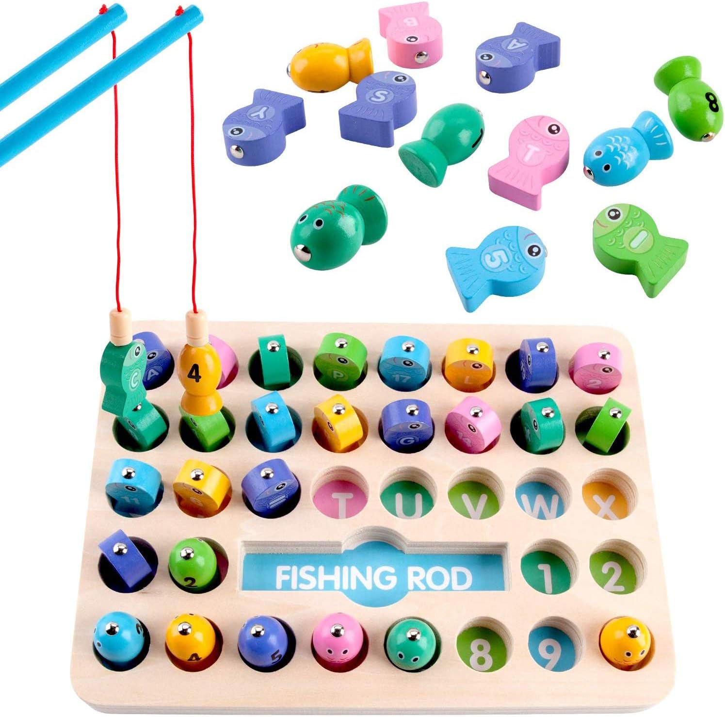 36 Pack Wooden Magnetic Fishing Game, Montessori Letters Cognition Educational Toy ABC Alphabet Color Sorting Puzzle with 2 Fishing Pole, Preschool Gift for 3 4 5 Years Old Toddler Kid Early Learning