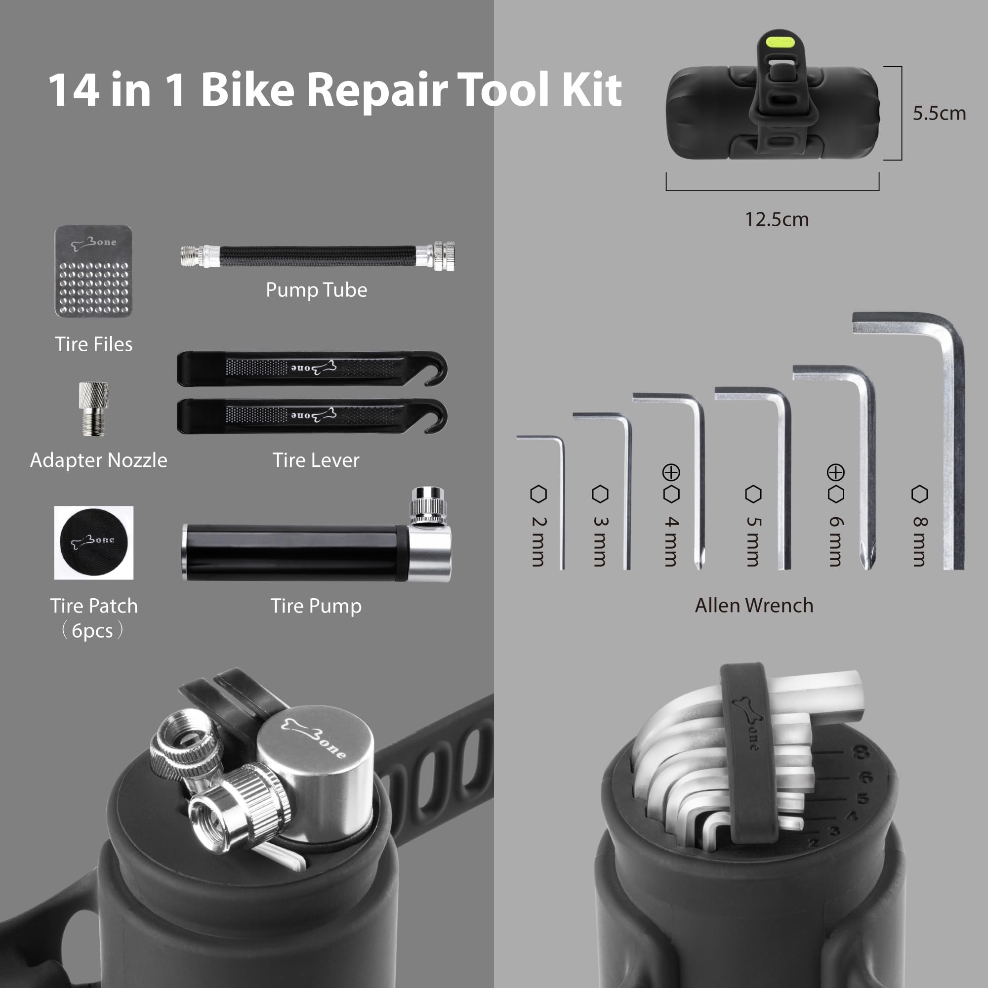 BONE Bike Portable Tool Kit, 14-in-1 Bicycle Repair Capsule, Scratch-Free & Waterproof Silicone Bag for Emergency Maintenance, Cycling accessory with Tire Pump & Wrench for Camping & Travel