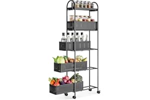 KINGRACK 5-Tier Slim Storage Cart with Pull Out Basket, Rolling Bathroom Organizer Utility, Metal Shelving Unit Slide Out, Lockable Wheels, Easy Assembly for Narrow Place, Kitchen, Laundry Room, Black