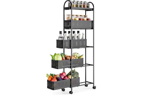 KINGRACK 5 Tier Slim Rolling Cart with Drawer, Metal Utility Storage Cart | 4 Pull-out Baskets, Lockable Wheels, Narrow Space