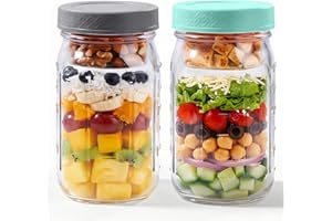 ComSaf 32oz 2 Pack Glass Salad Jars with Lids for Meal Prep & Work Lunch | 2 Built-In Cups (Dressing & Dry Topping Keeper) fo