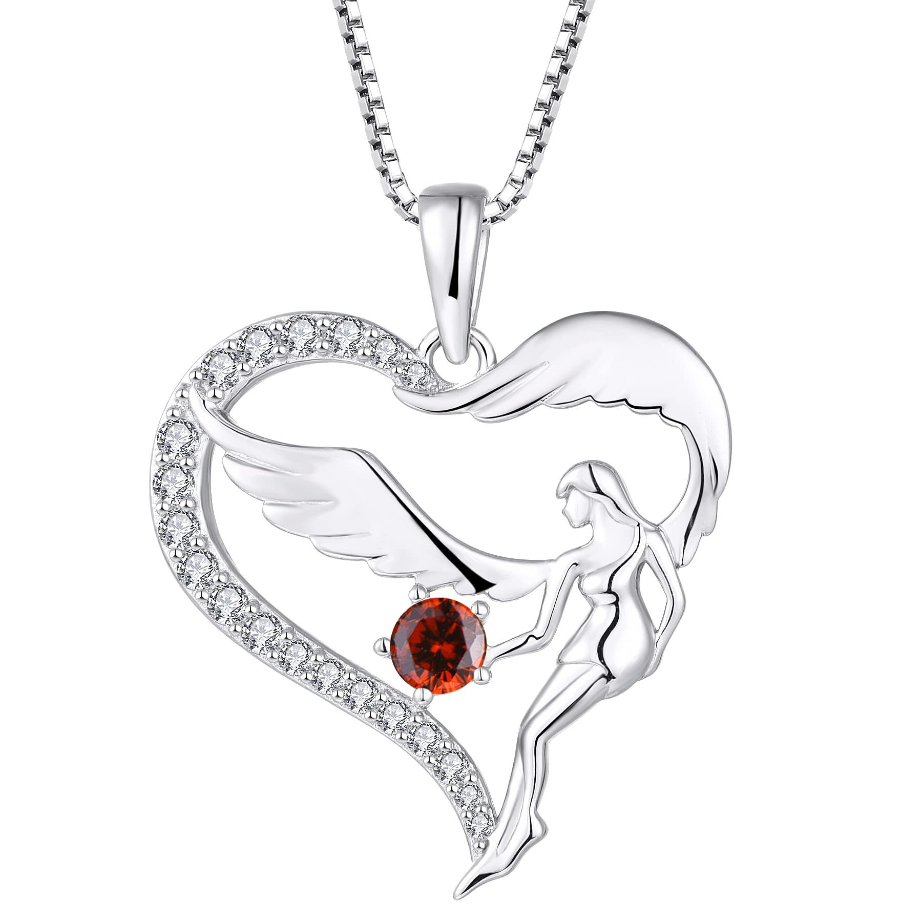 FJ Heart Guardian Angel Necklace 925 Sterling Silver Angel Wing Pendant January Birthstone Necklace Garnet Jewellery for Women