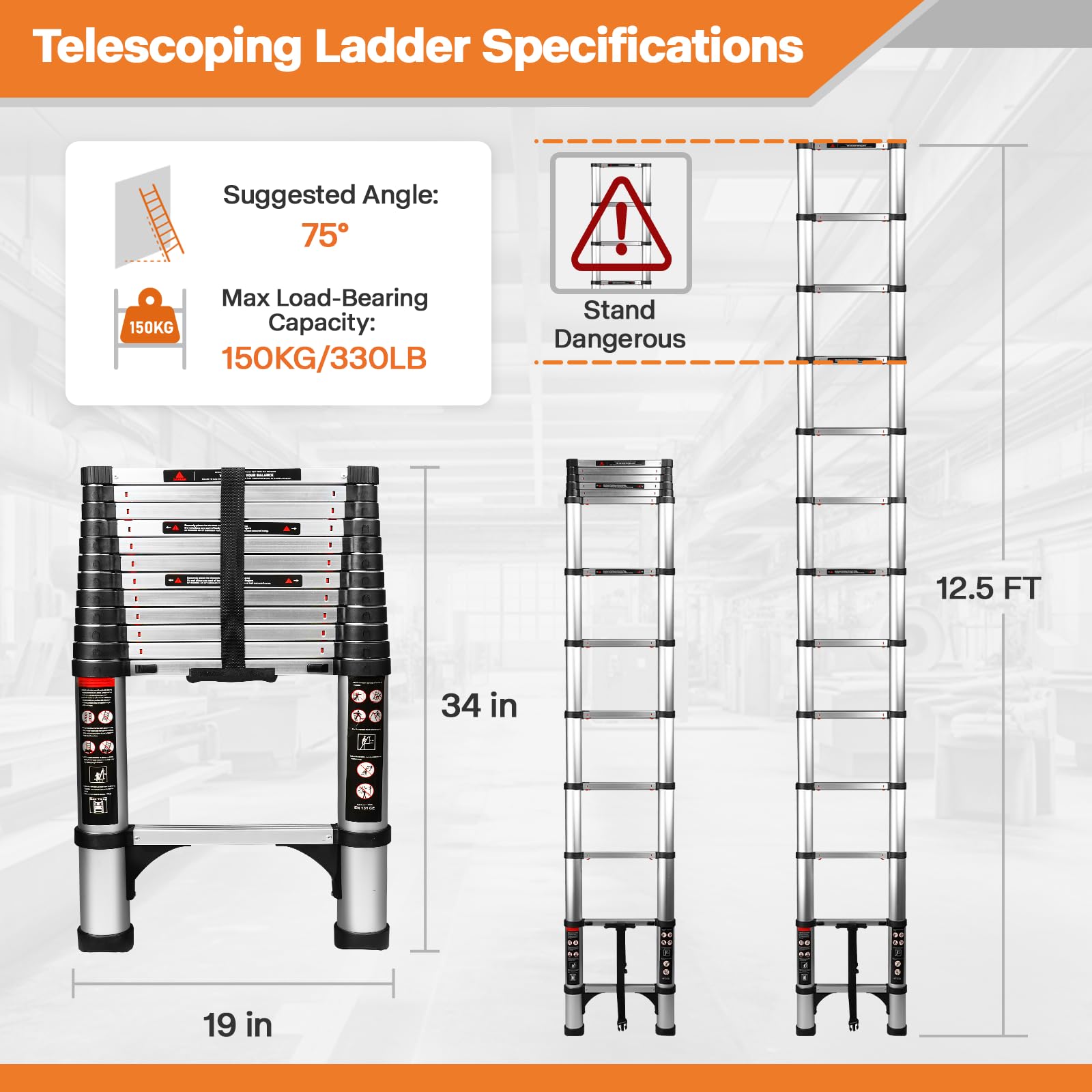 Augtarlion Telescoping Ladder, 12.5 FT One Button Retraction Aluminum Extension Ladder with Slow Down Design, Compact Telescopic Ladder for Home with 2 Triangle Stabilizers, Max 330lbs Capacity