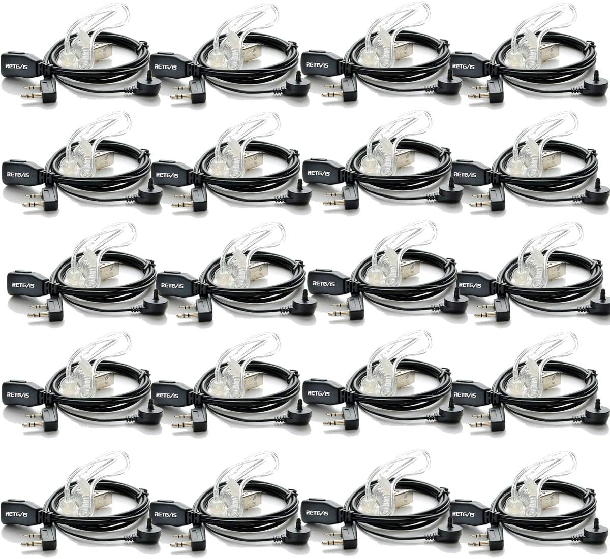 Retevis Walkie Talkie Earpiece with Mic Radio Headset 2 Pin Covert Acoustic Tube Compatible RT24 RT27 RT668 RT622 eSynic Baofeng UV-5R BF-888S KENWOOD Two Way Radio Headphones (20pcs)