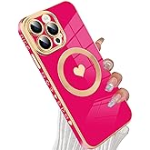tharlet Magnetic for iPhone 14 Pro Max Case [Compatible with Magsafe] Cute Love Heart Luxury Plating Gold Edge Bumper with Full Camera Lens with Privacy Screen Protector, Hot Pink (6.7")