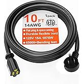HUANCHAIN 14 Gauge 10 FT Flat Plug Extension Cord Black Indoor Outdoor, Heavy Duty 3 Prong Grounded Low Profile Extension Wir