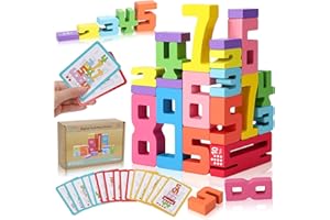 20 Pcs Wooden Number Blocks, Wooden Building Blocks with 15 Pcs Instruction Card, 1-10 Balance Number Block Toys for Kids Age