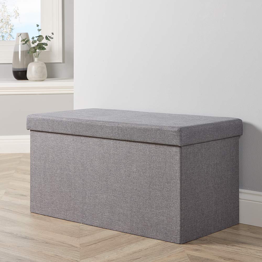 Home Source Large Folding Ottoman Linen Fabric Storage Chest, Grey, Rectangle