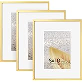 FLYJOE 8x10 Picture Frame - 8 by 10 Metal Picture Frame With Mat | 8 x 10 Aluminum Photo Frame | Plexiglass And Hanging Hardware Included | 8x10 Gold Frame | Set of 3, Gold