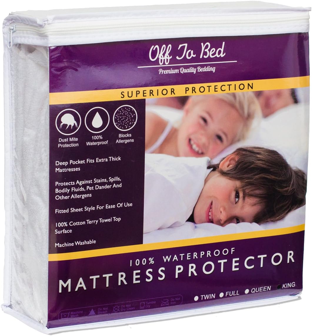 Off To Bed 100% Waterproof Mattress Cover Hypoallergenic - Protects Against Allergens and Dust Mites (Queen)